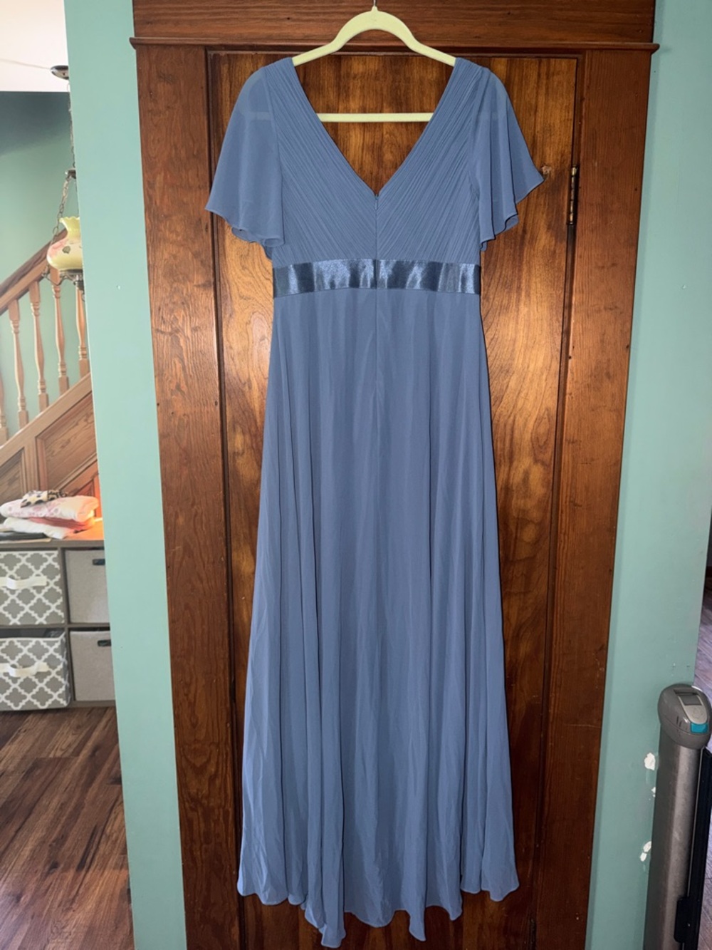 Ever Pretty Dusty Blue V-Neck Flutter Sleeve Maxi Gown Mother of the Bride XL-12 - Picture 7 of 9